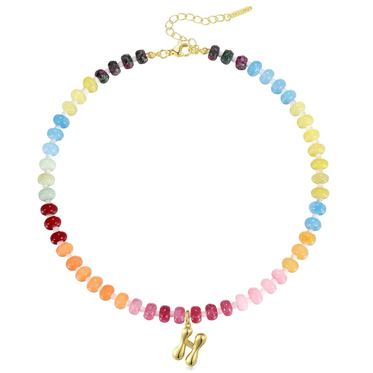 Colorful Abacus Bead Choker Necklace with 26 Bubble Letter Brass Pendants Serpentine Chain Unisex Stone Jewelry