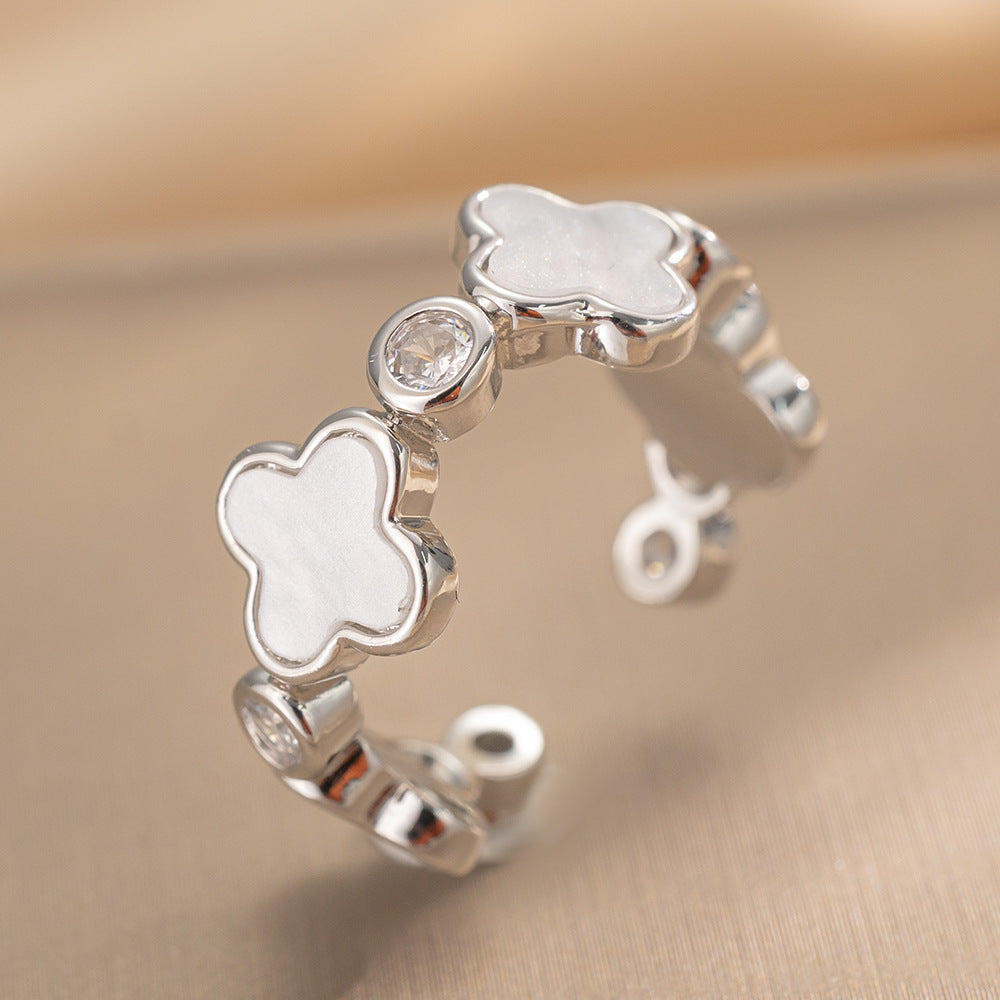 Luxury Minimalist Adjustable Open Ring for Women with Gold-Plated Copper Band and Zircon Stone Accent in Heart and Floral Shape