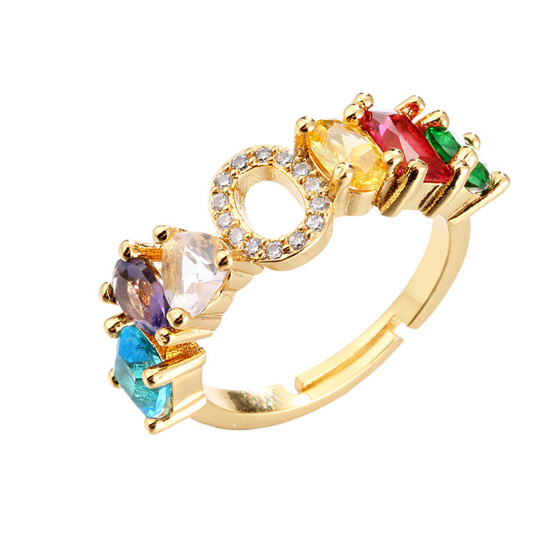 Hand-Set Cubic Zirconia Letter Open Ring Gold Plated Brass Adjustable Women