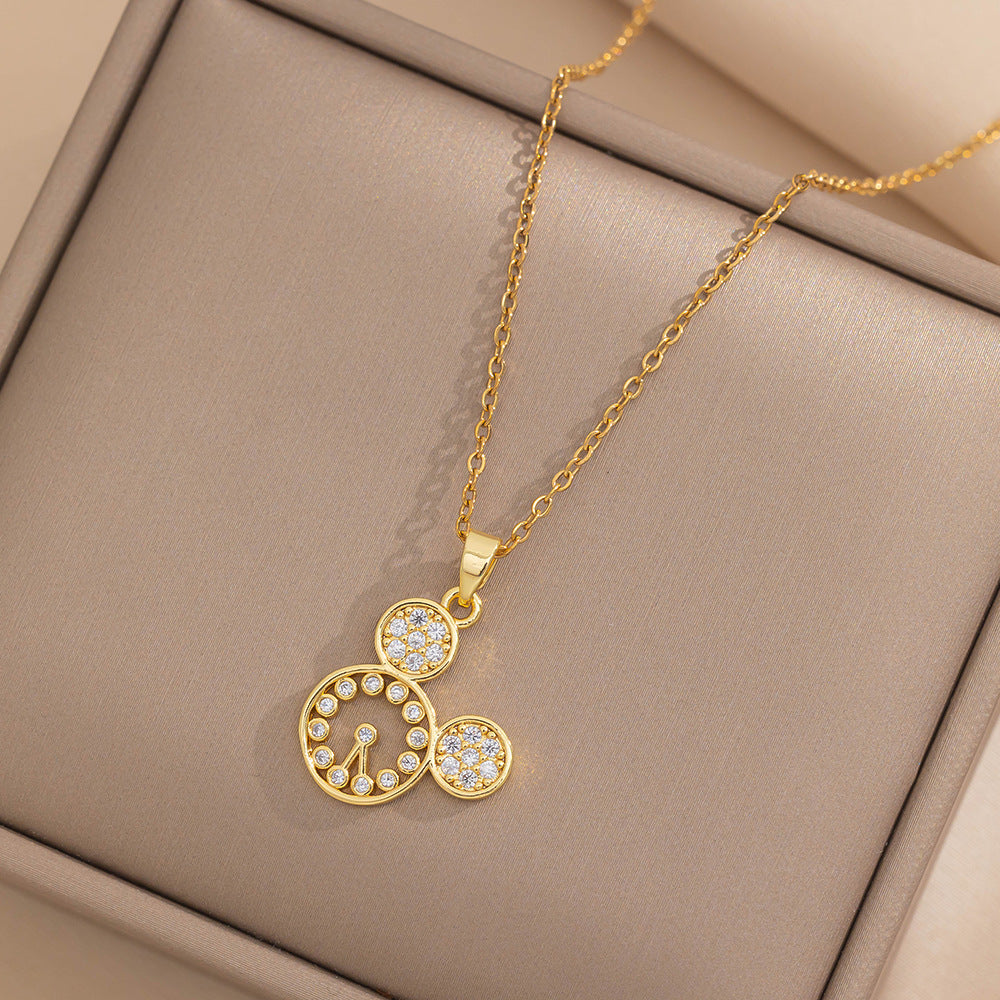 Cute Hollow-Out Mouse Head Necklace for Women in Titanium Steel with Electroplated Finish, O-Chain Collarbone Jewelry