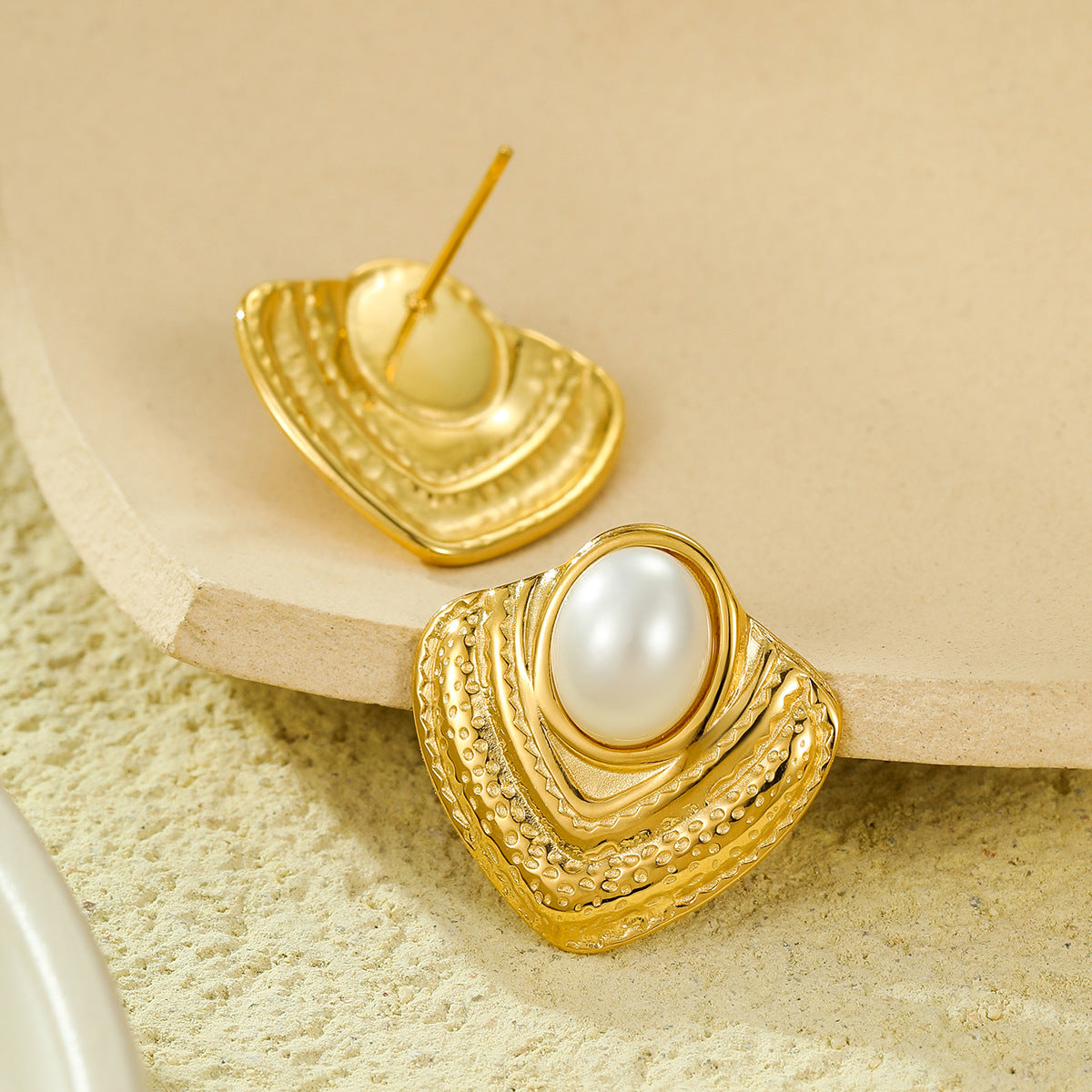 Pendientes Vintage Geométricos de Acero Inoxidable con Textura Perla y Baño de Oro de 18K para Mujer
