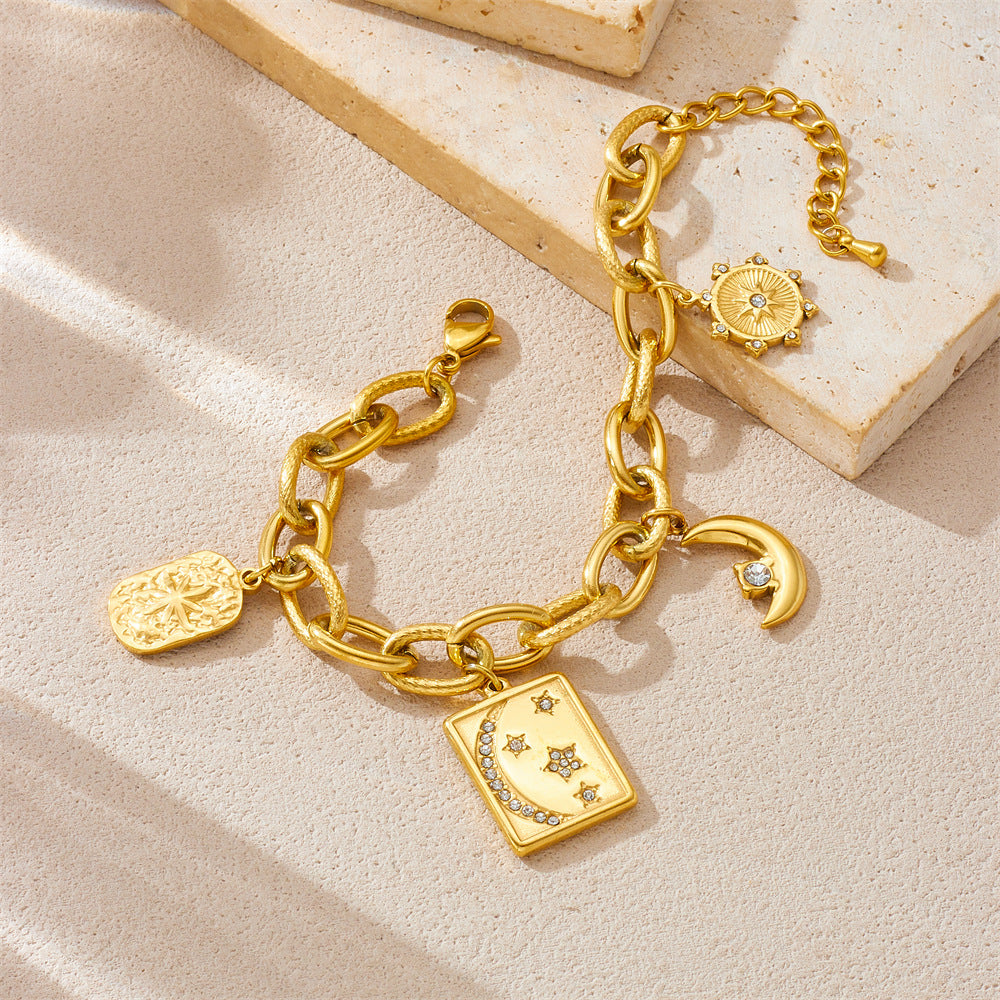 Fashion Geometric Square Pendant Bracelet with Gold Plated Stainless Steel Chain, Star and Moon Motifs, Rhinestone Inlay