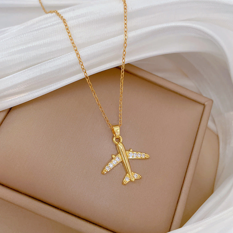 Cartoon Style Airplane-Shaped Stainless Steel Necklace with Rhinestone Inlay for Women and Men, Minimalist Geometric Pendant on Titanium Steel Chain