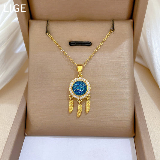 Sweet Geometric Moon Rhinestone Pendant Titanium Steel Necklace for Unisex