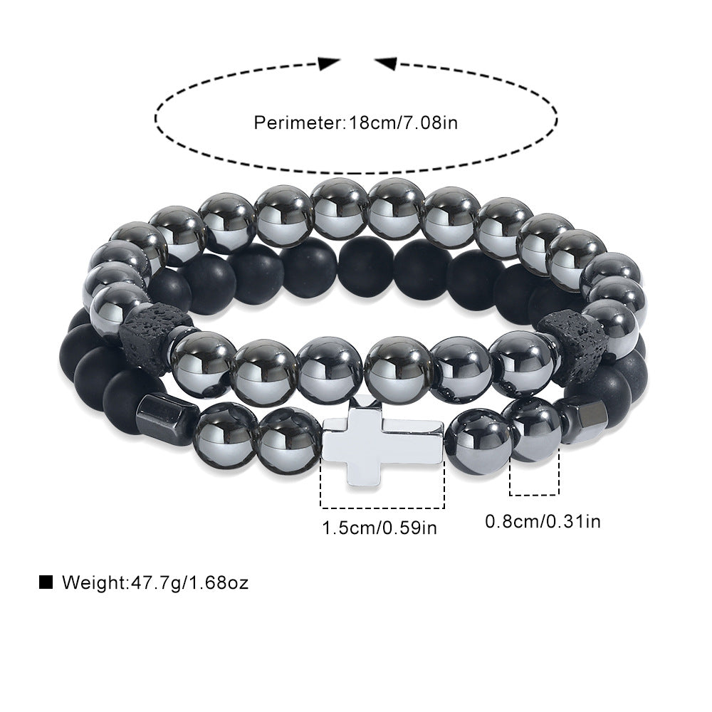 Matte Black Hematite Beaded Cross Bracelet Set
