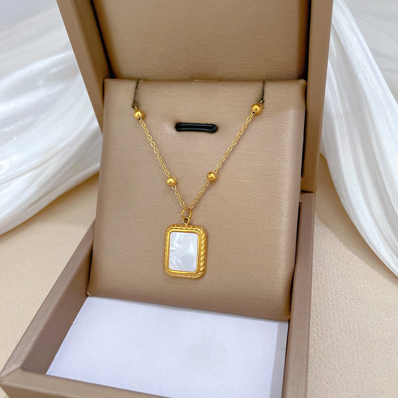 Minimalist Geometric Square Abalone Pendant Necklace for Women in Titanium Steel with Gold Plating