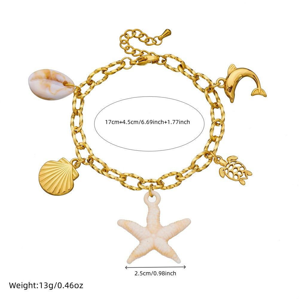 Fashion Elegant Animal Stainless Steel Plated Bracelet with Starfish Shell Turtle Dolphin Charms