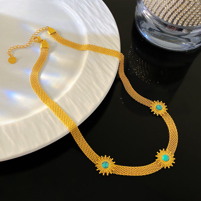 Vintage Geometric Titanium Steel Plated Rope Chain Necklace with Blue Stone Sunflower Design for Unisex