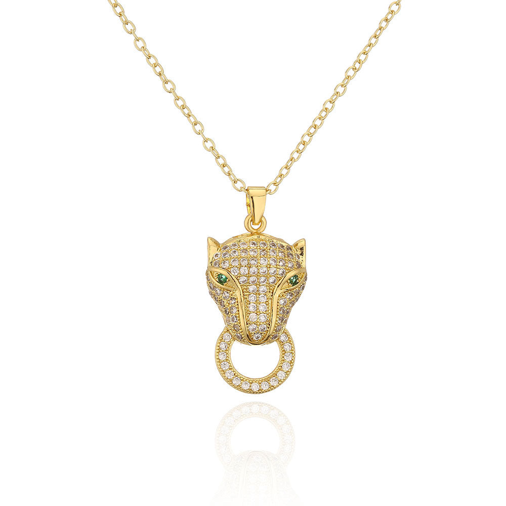 Minimalist Dinosaur Leopard Head and Dragonfly Pendant Necklace in Copper with 18K Gold Plating and Zircon Inlay
