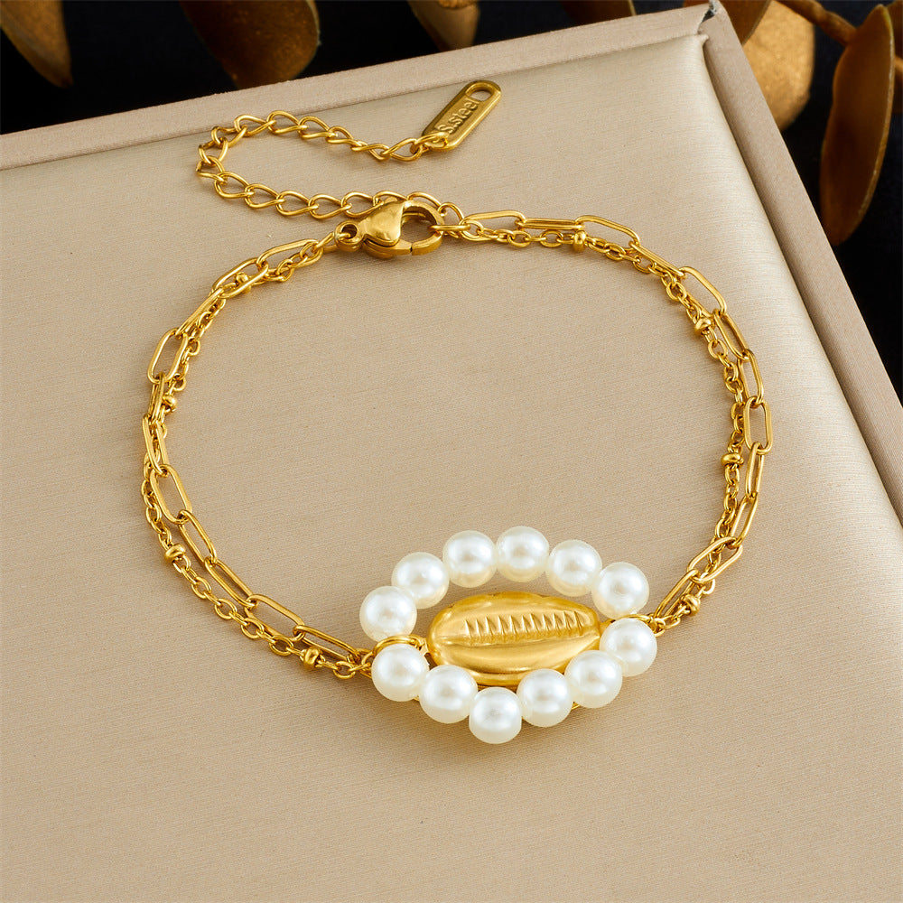 Sweet Minimalist Floral Star Heart Stainless Steel Plated Pearl Rhinestone Double Layer Bracelet for Women
