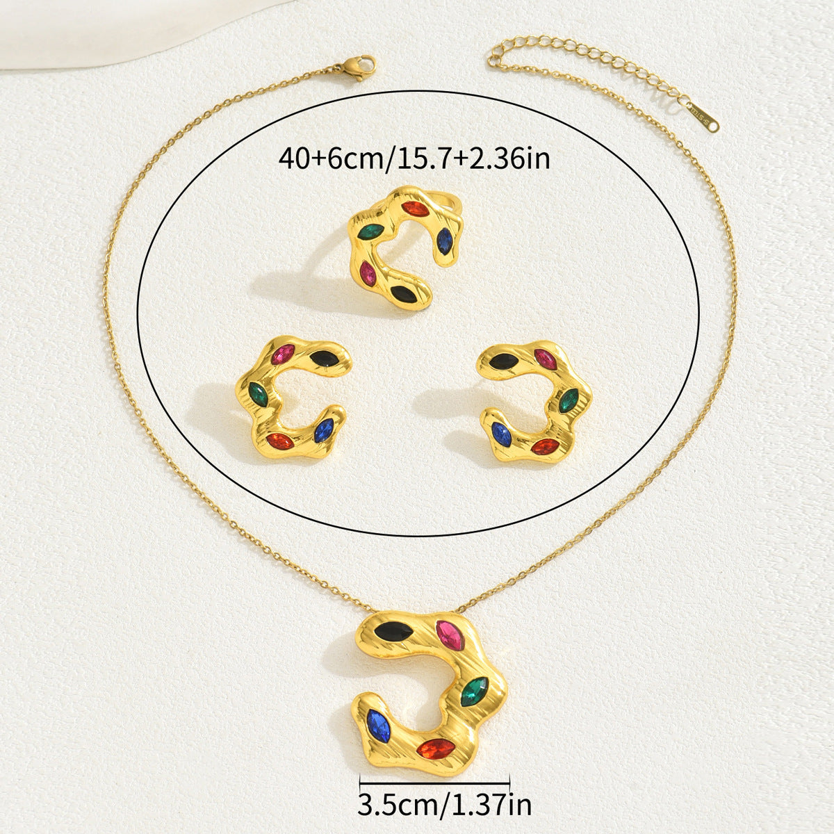 Minimalist C-Shaped Women's Necklace Set with Geometric Pattern Copper Pendant and Rhinestone Inlay, Includes Matching Earrings and Bracelet