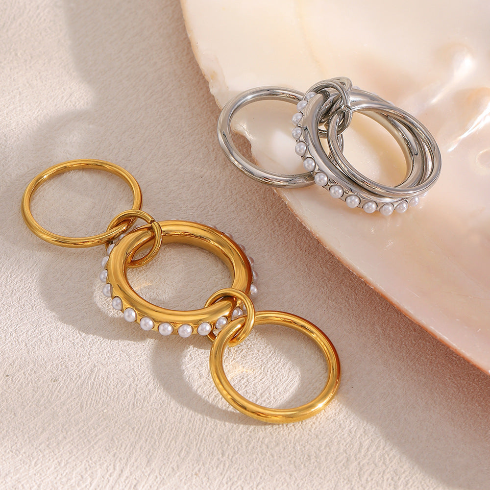 Minimalist Geometric Stainless Steel Ring Set with 18K Gold Plating and Simulated Pearl Accents for Women