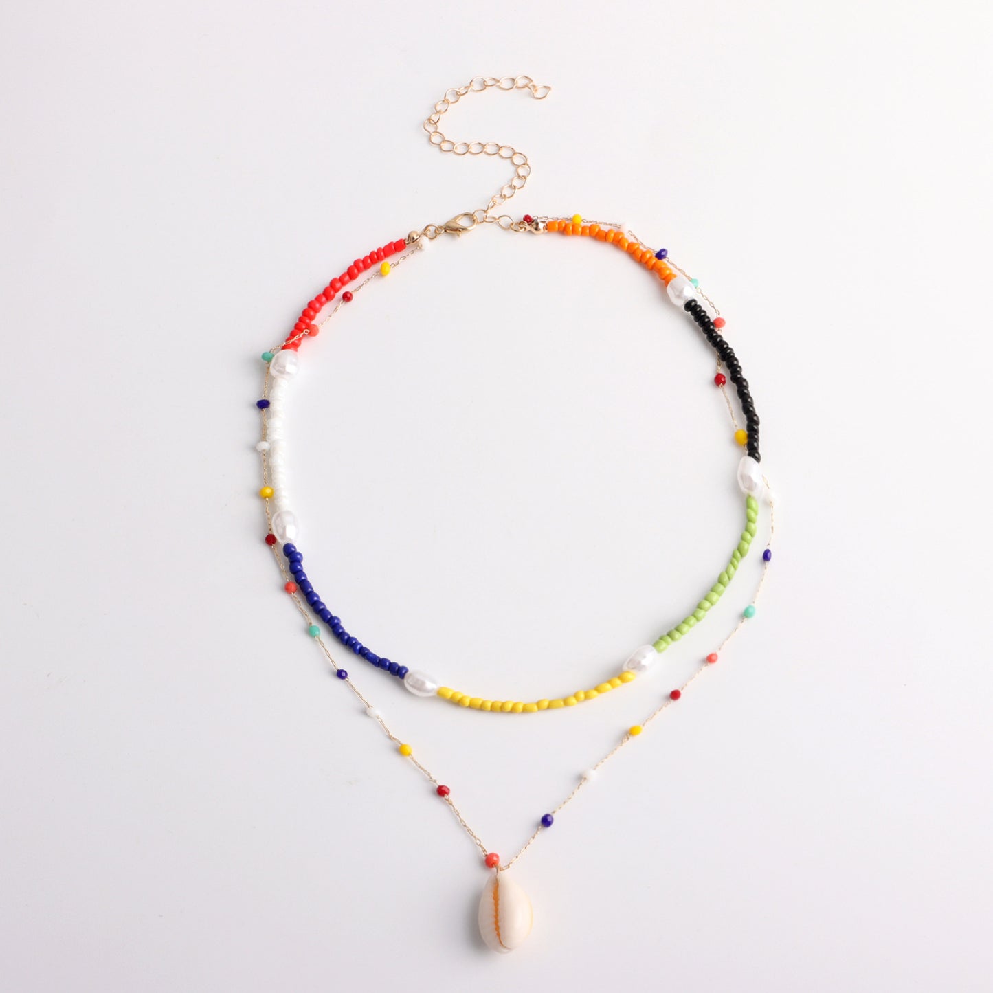 Minimalist Geometric Beaded Shell Pendant Necklace for Women with Pearl and Colorful Beads on Ball Chain