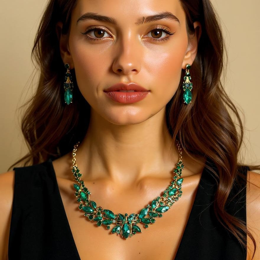 Elegant Floral and Teardrop-Shaped Alloy Necklace Set with Rhinestone Pendant, Plated Finish, for Women