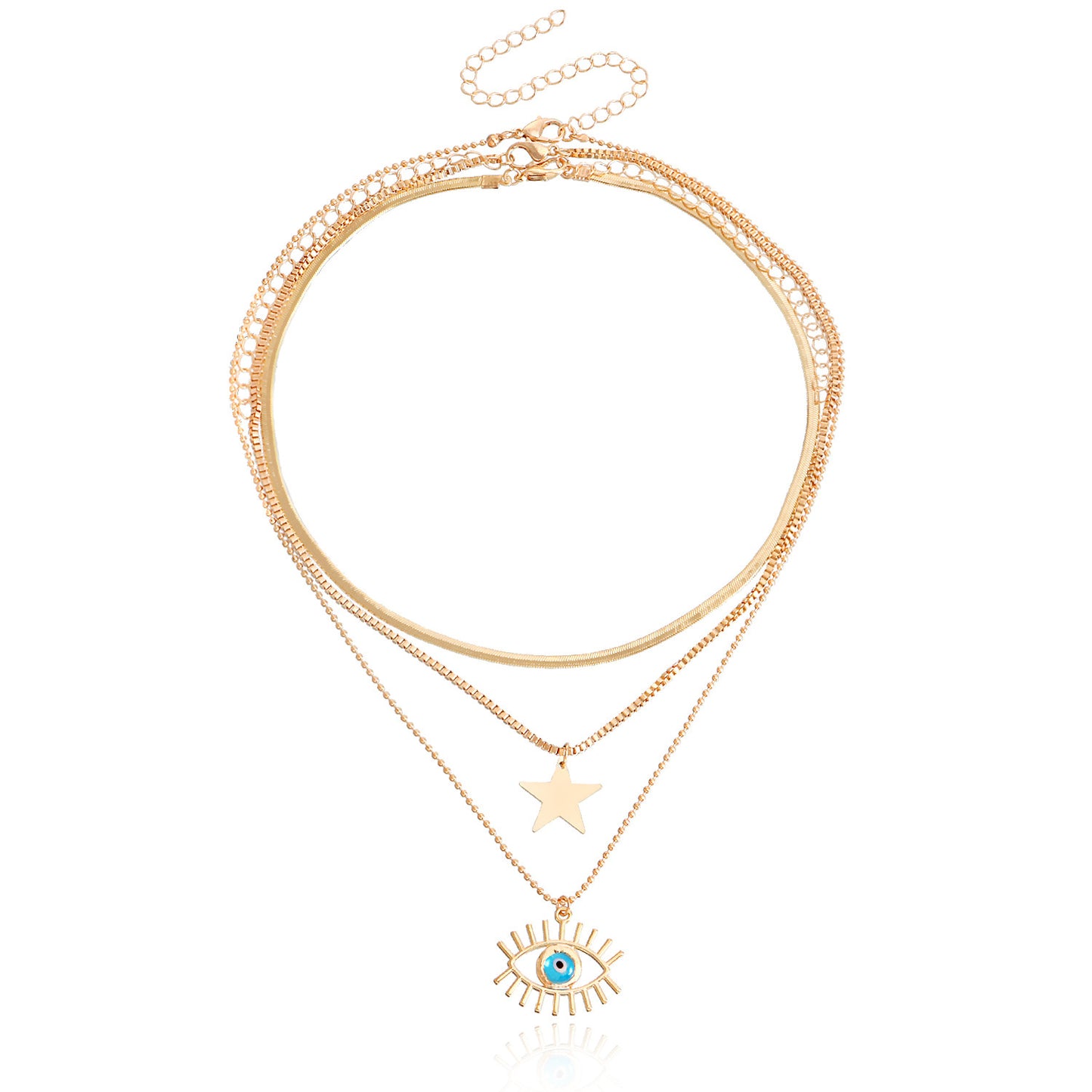 Geometric Five-Pointed Blue Star Evil Eye Pendant Necklace for Women with Alloy Construction and Electroplated Finish on Multi-Layer Flat Snake Chain