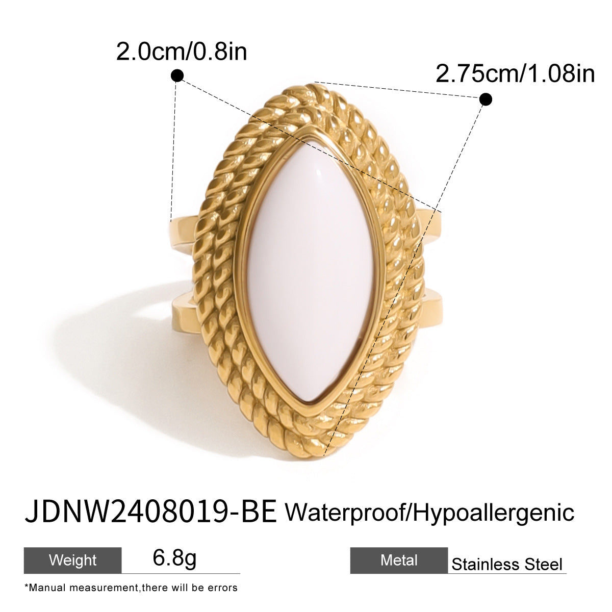 Exaggerated Vintage 18K Gold Plated Stainless Steel Black Onyx Open Ring for Women