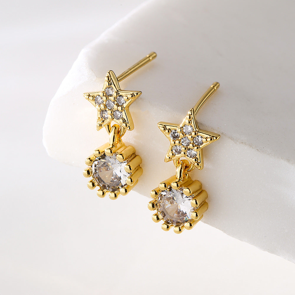 Orecchini a Perno Geometrici Minimalisti da Donna in Rame con Placcatura in Oro Vero e Intarsio di Zirconi