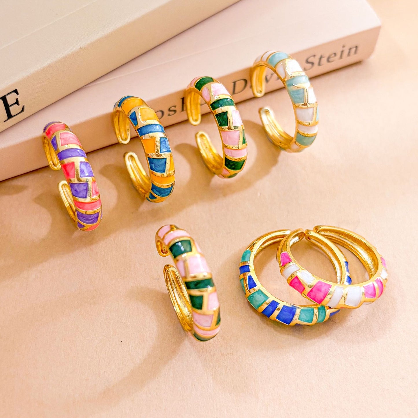 Minimalist Geometric Enamel Gold Plated Brass Ring with Polka Dot Pattern Adjustable Open Design for Women
