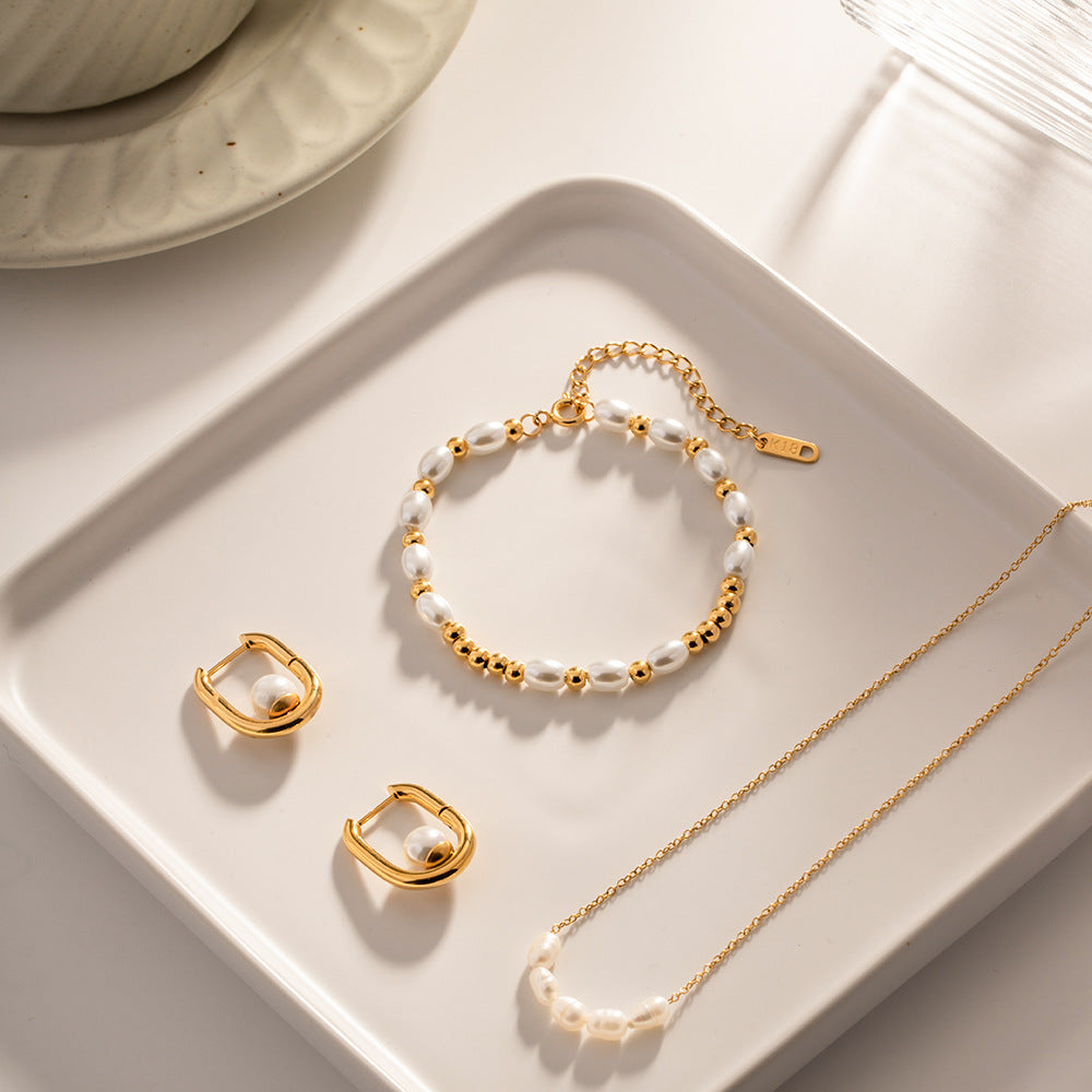 Ins Style Geometric Circle Stainless Steel Bracelet with Glass Pearl and Miyuki Beads Plated in 18K Gold Fashion Jewelry for Women