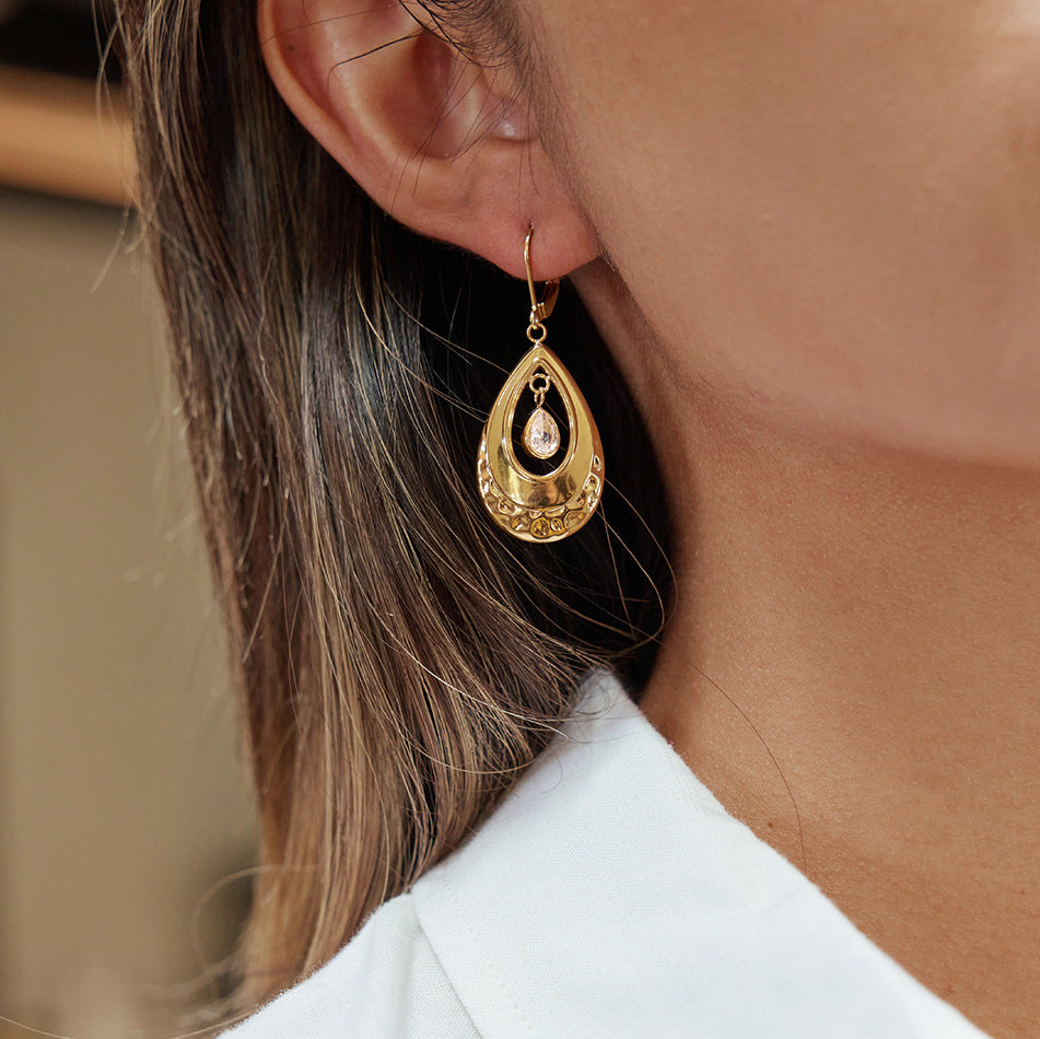 Orecchini a Cerchio da Donna Lusso Geometrico a Goccia in Zircone Acciaio Inossidabile Placcato Oro 18K