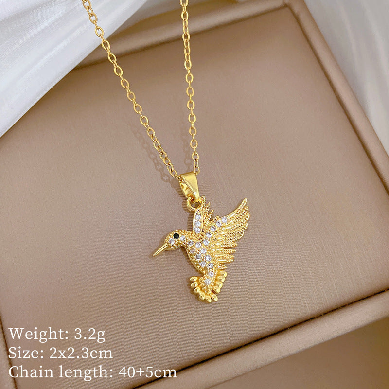 Sweet Minimalist Gold Plated Titanium Steel Bird Necklace with Rhinestone Inlay on Cable Chain for Unisex