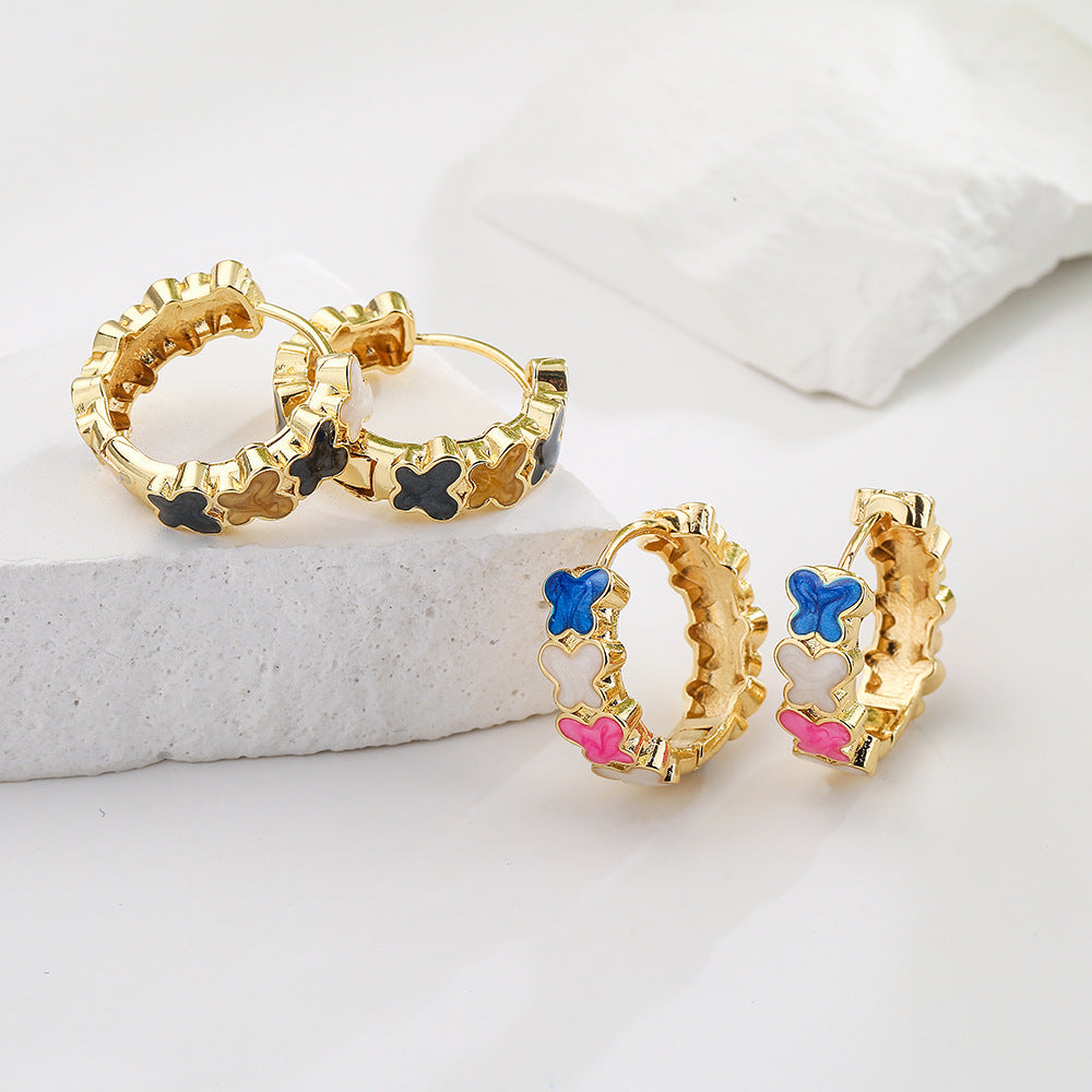 Minimalist Geometric Copper Earrings with 18K Gold Plating and Enamel Color-Blocking Finish for Women