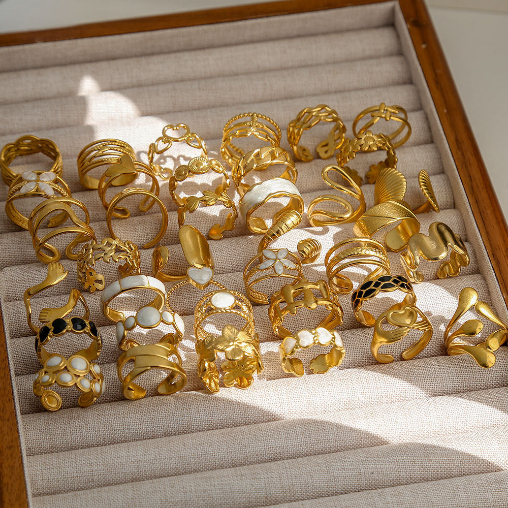 Anello Aperto Regolabile da Donna in Acciaio Inossidabile Stile INS Vintage, Geometrico e a Cuore, con Intarsio in Pietra Naturale, Elegante e Minimalista