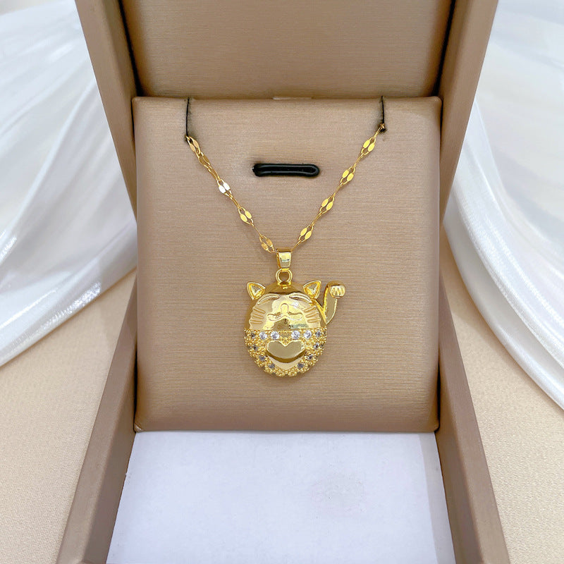 Collana pendente a forma di gatto minimalista in acciaio inossidabile con intarsio di strass per donne e uomini, catena regolabile