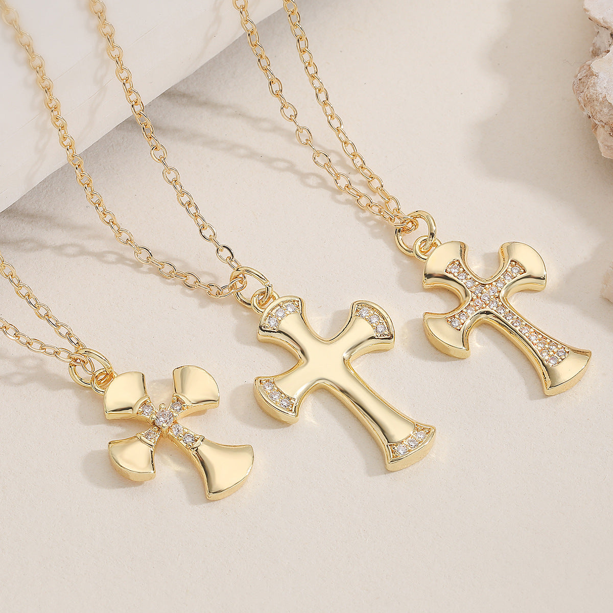 Minimalist 18K Gold Plated Brass Cross Pendant Necklace with Cubic Zirconia for Women
