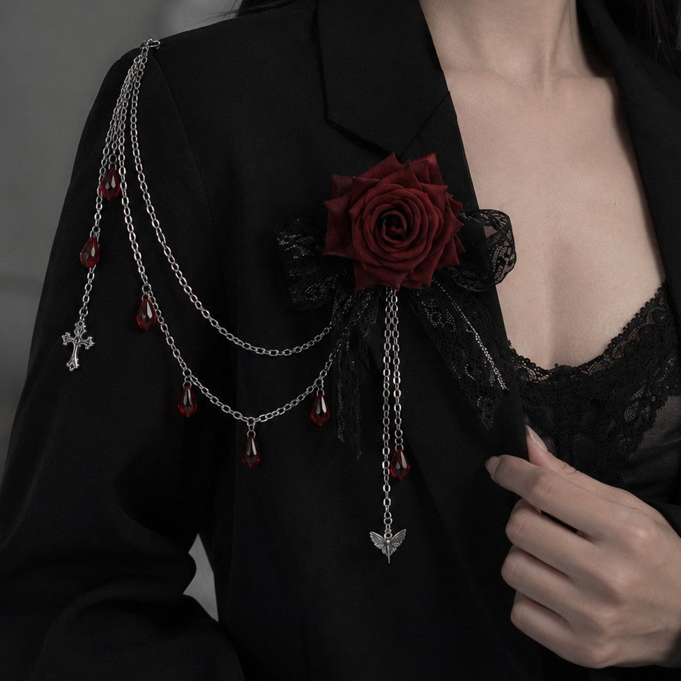 Gothic Vintage Rose Moth Iron Plated Brooch with Tassel