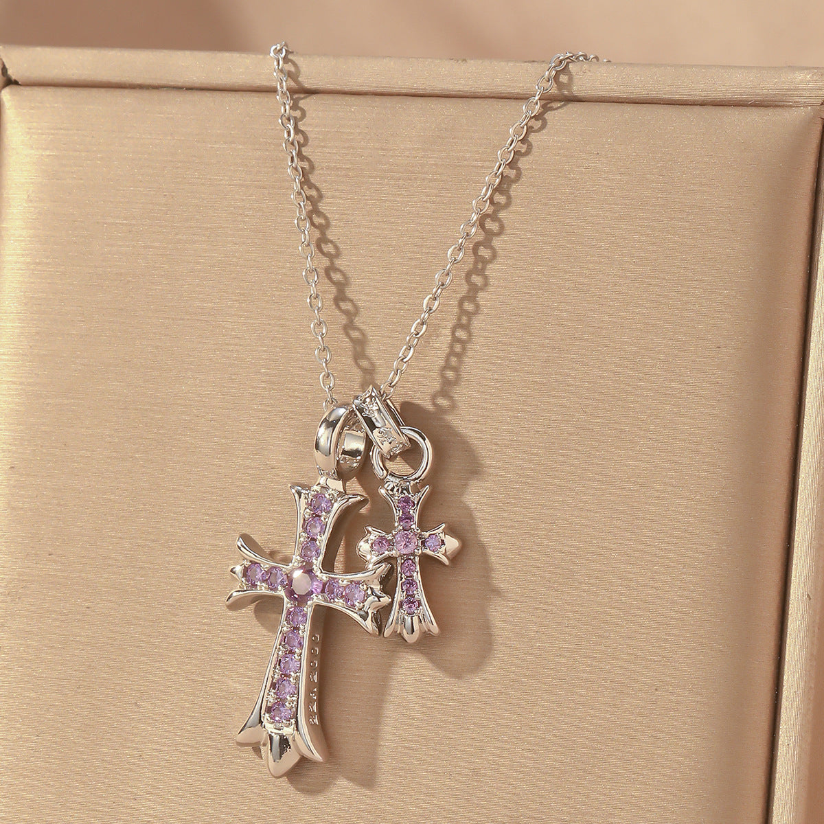 Luxury Sweet Double Cross Pendant Plated Titanium Steel Necklace with Curb Chain for Women