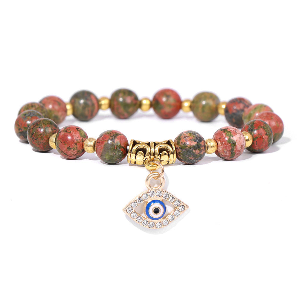 Vintage Minimalist Geometric Agate Beaded Bracelet with Evil Eye Pendant Unisex Jewelry