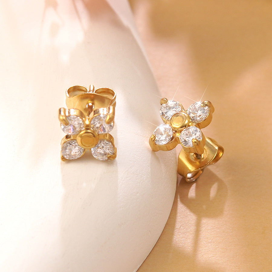 Elegant Floral Cubic Zirconia Inlaid Plated Stainless Steel Earrings for Women