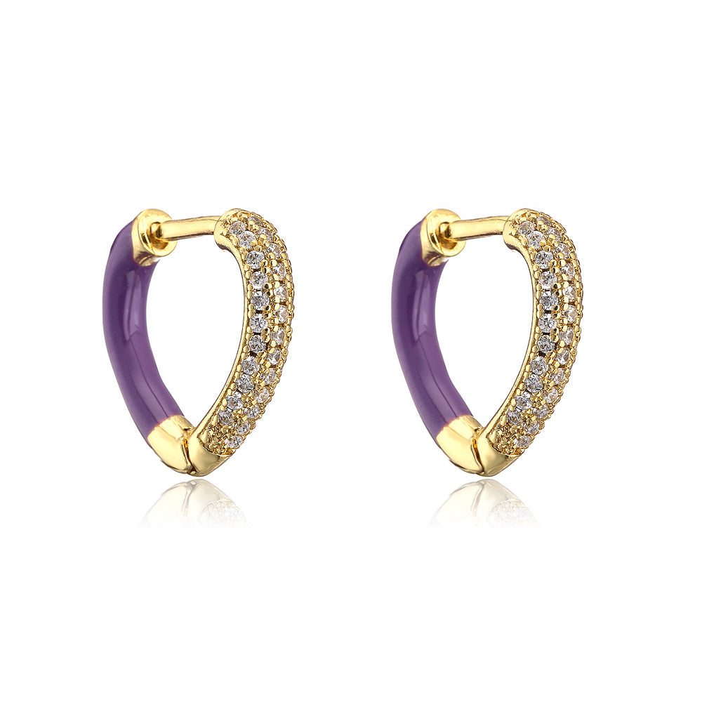 Colorful Drip Oil Gold Plated Brass Cubic Zirconia Heart Earrings for Women