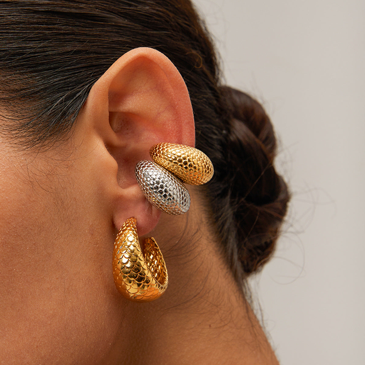 Unique Asymmetric Ins Style 18K Gold Plated Stainless Steel Fish Scale Ring Earring Bracelet Set for Women