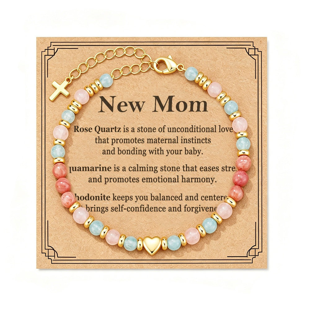 Elegant Heart Geometric Aquamarine Rose Quartz Charm Bar Beaded Bracelet for Women