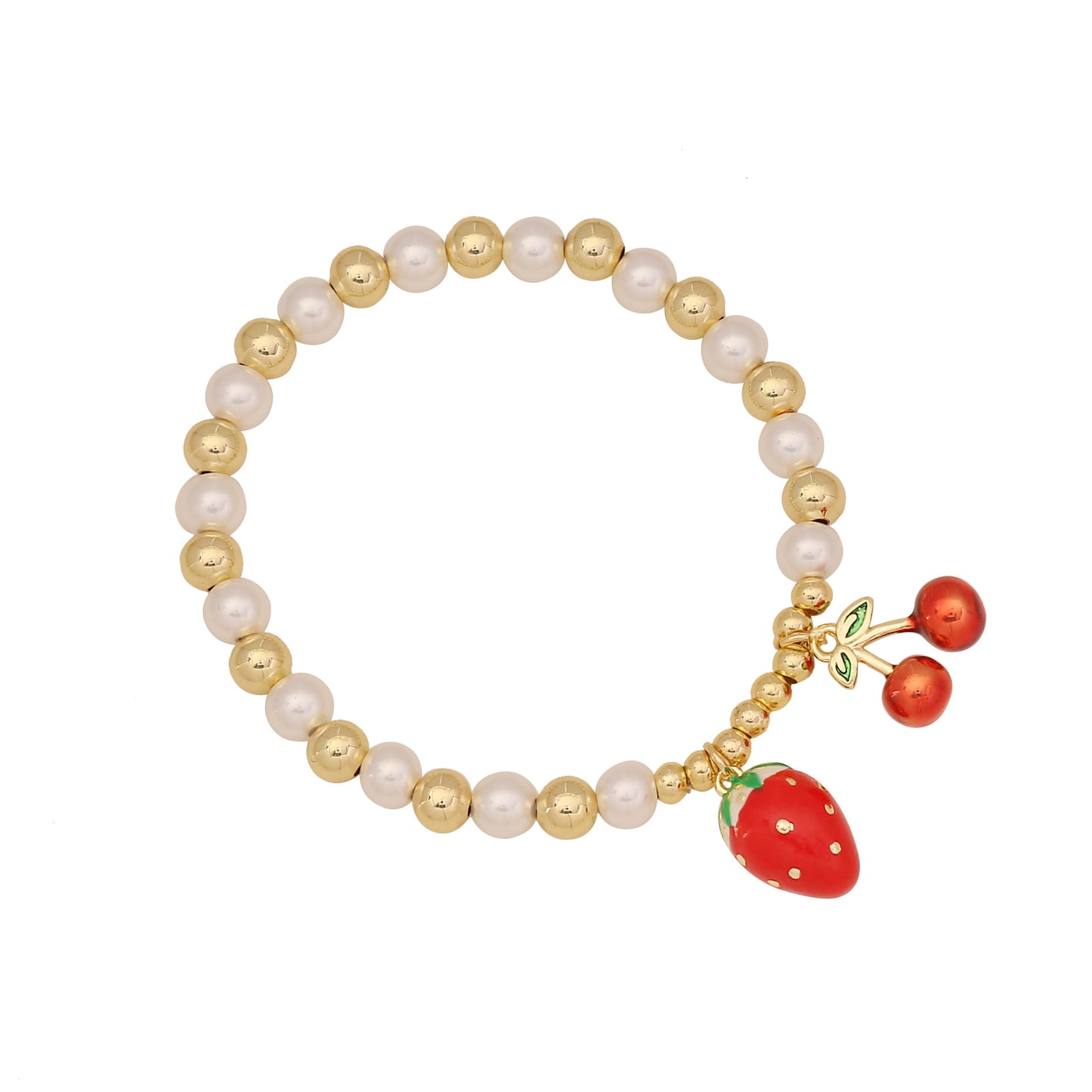 Sweet Cherry and Strawberry Beaded Bracelet in Brass with Handcrafted Farmhouse Style Fresh and Cute Design