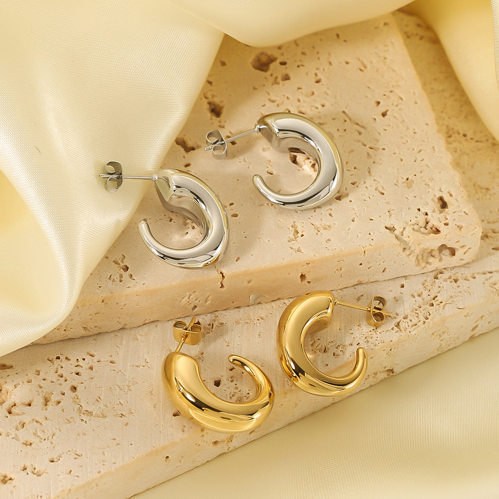 Minimalist Geometric C-Shaped Hollow Stainless Steel Earrings with 18K Gold Plating for Women