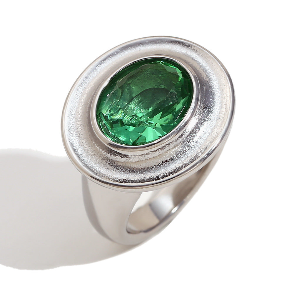 Vintage Style Oval-Shaped Stainless Steel Ring with 18K Gold Plating and Green Zircon Inlay for Women
