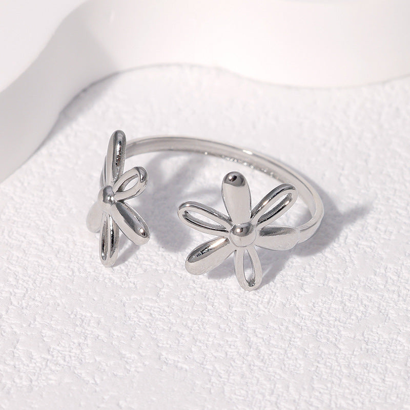 Minimalist Daisy Floral Open Adjustable Ring in Stainless Steel with Plated Finish for Women
