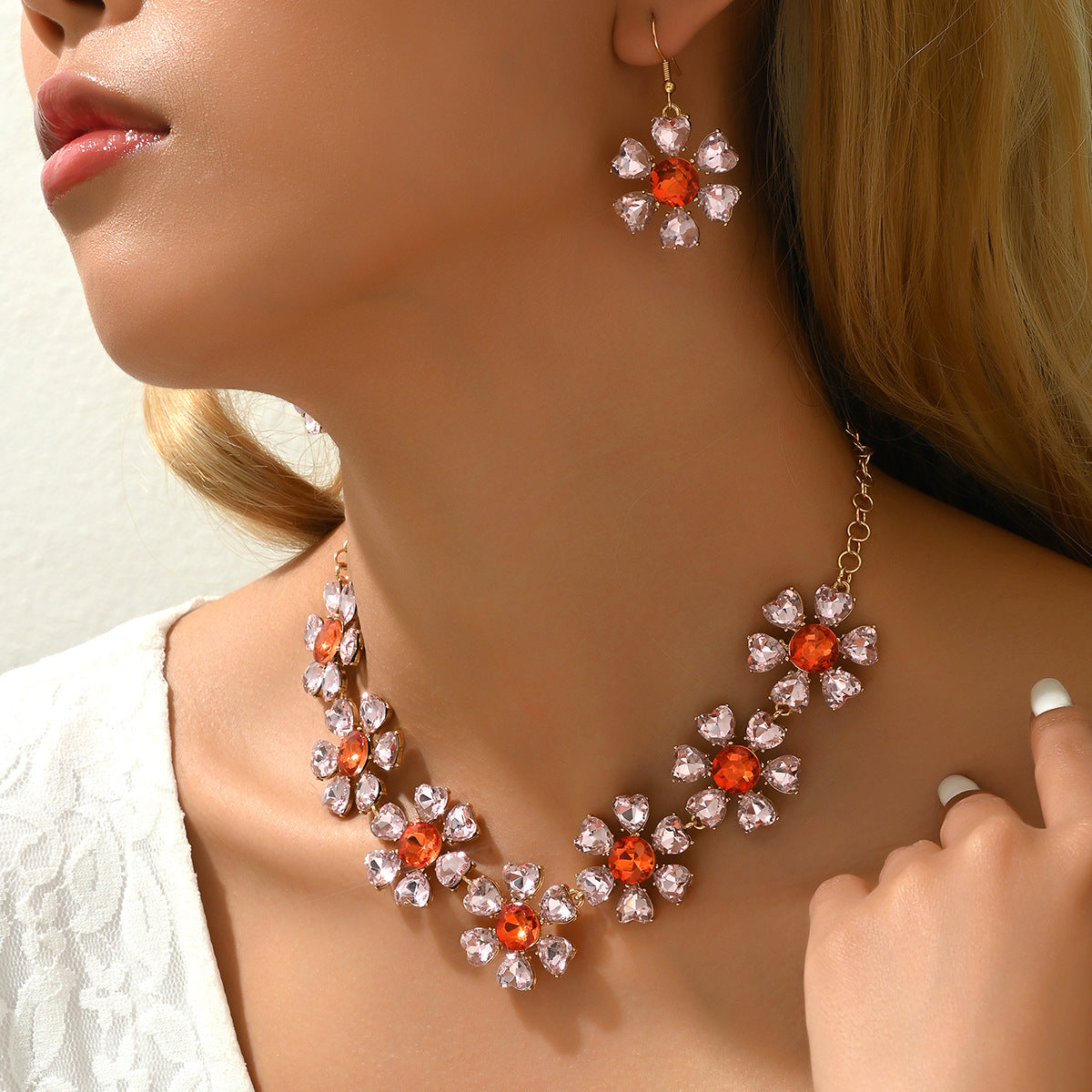Minimalist Luxury Floral Heart Pendant Necklace and Earrings Set in Alloy with Zircon Inlay for Women