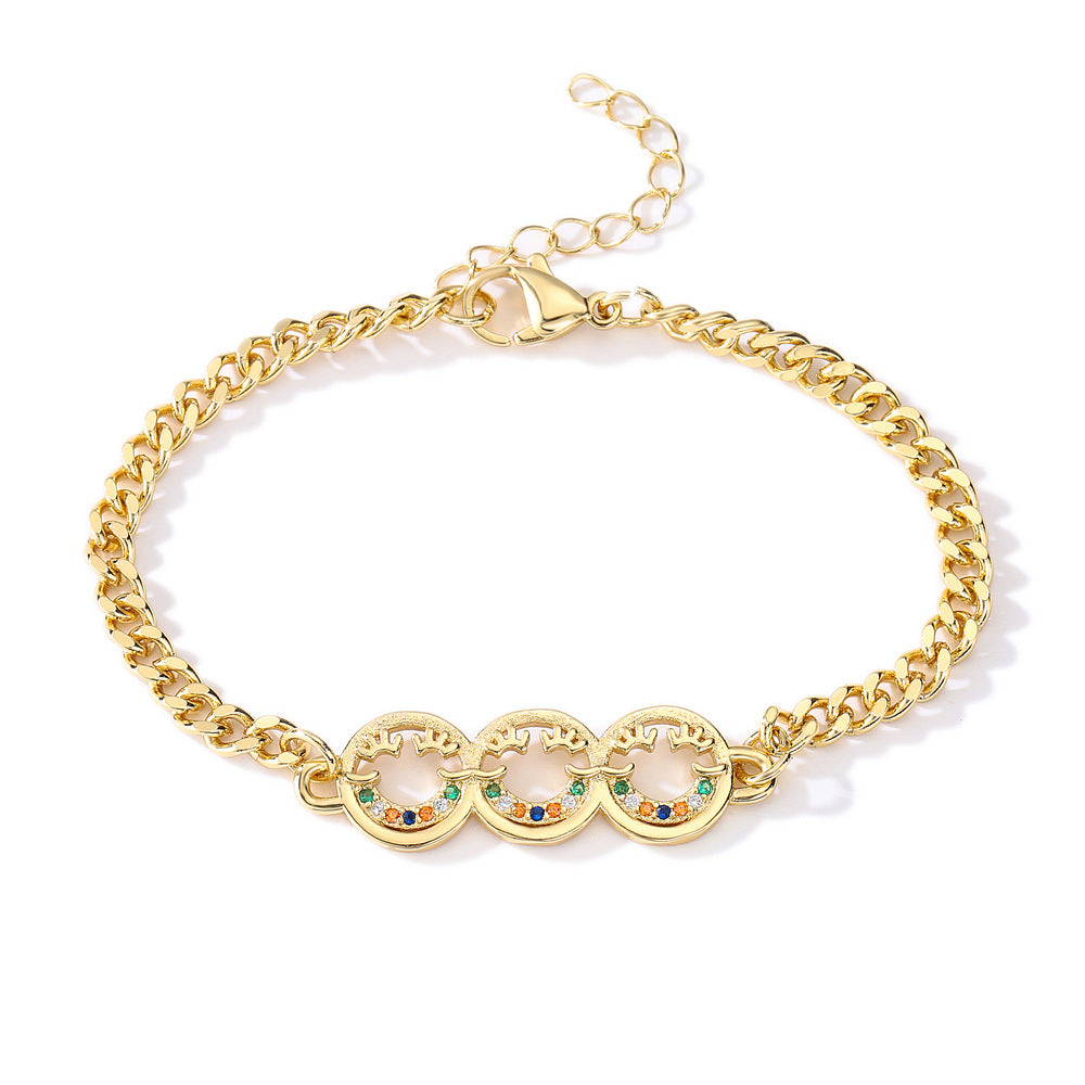 18K Gold Plated Brass Geometric Smiley Face Bracelet with Micro-set Cubic Zirconia for Women
