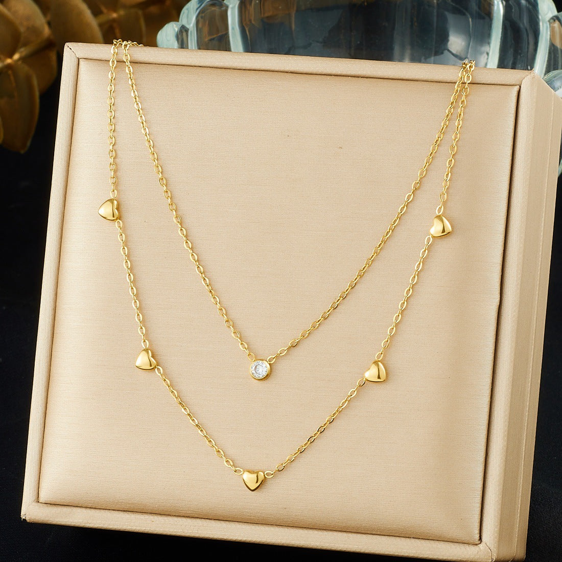 Minimalist Gold Plated Stainless Steel Heart Rhinestone Pendant Layered Necklace for Women