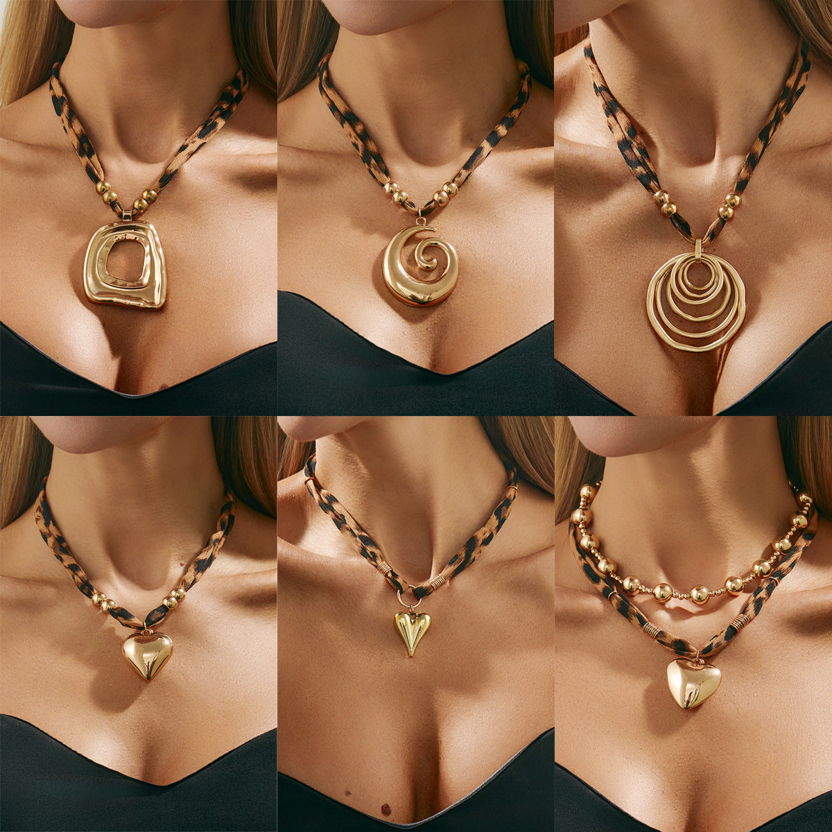 Sweet Punk Leopard Print Heart Geometric Alloy Plated Pendant Necklace for Women