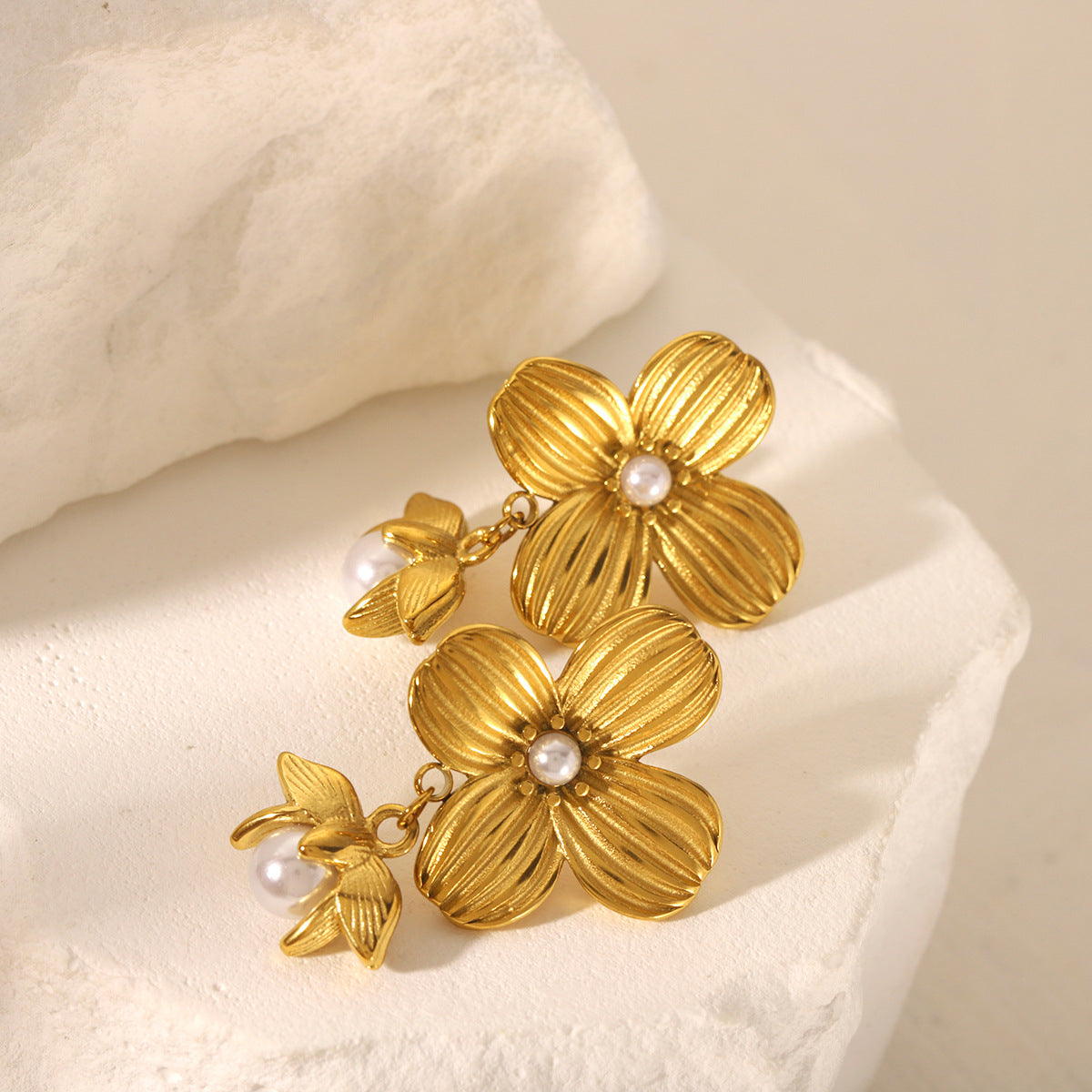 Vintage Floral Geometric Stainless Steel Earrings with 18K Gold Plating and Pearl Accents for Women