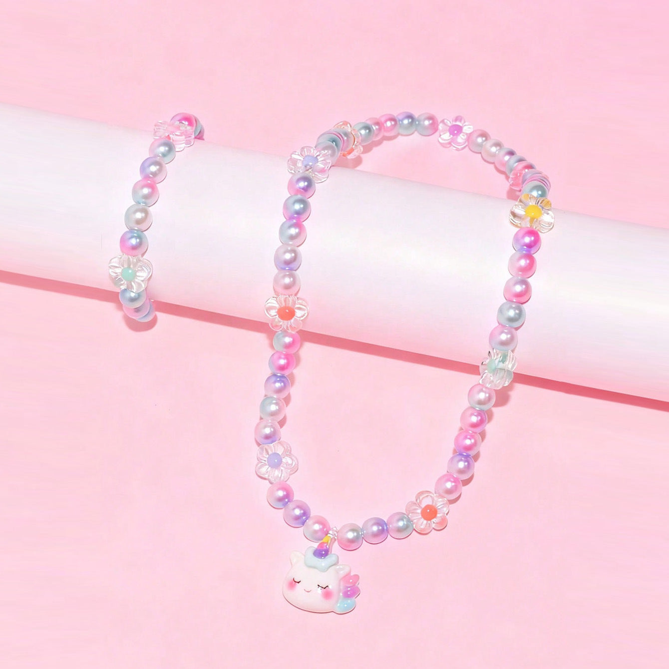 Cartoon Unicorn Resin Necklace for Girls with Round Bead Chain Adjustable Length Princess Style Children's Jewelry Set