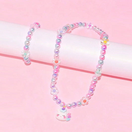 Collar de Resina de Unicornio de Dibujos Animados para Niñas con Cadena de Cuentas Redondas, Longitud Ajustable, Estilo Princesa, Conjunto de Joyas para Niñas