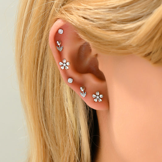 Pendientes de tuerca geométricos florales minimalistas para mujer con incrustaciones de circonita cúbica en base de cobre y postes de acero inoxidable