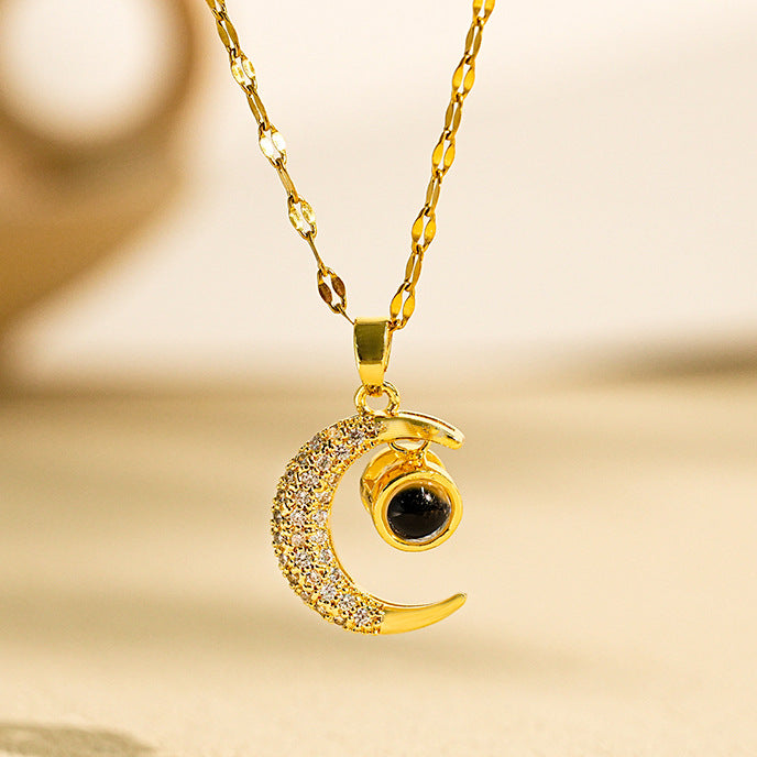 Minimalist Moon-Shaped Pendant Necklace in Titanium Steel with Plated Finish and Rhinestone Inlay for Women