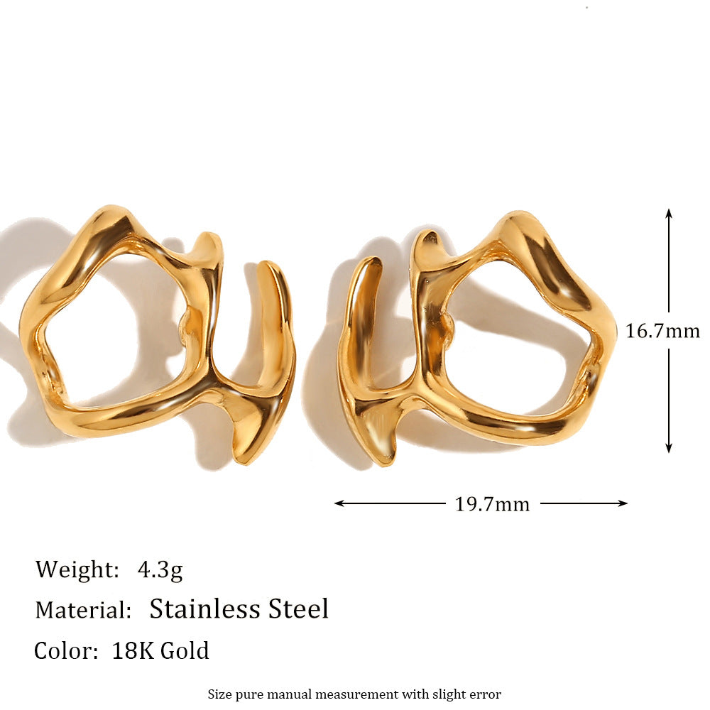 Orecchini a perno da donna alla moda asimmetrici a maschera astratta effetto liquido, in acciaio inossidabile con placcatura in oro 18K